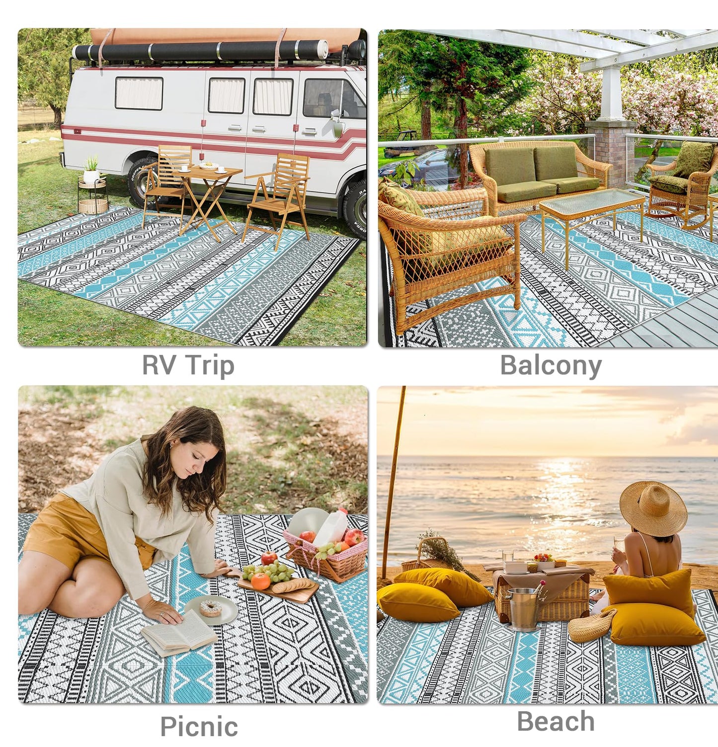 COZYLOOM Outdoor Rug for Patio 9x18 ft Waterproof Clearance, Reversible Indoor Outdoor Plastic Straw Camping Rug Carpet, RV Mat, Large Area Rug for Deck, Backyard, Balcony, Porch, Beach, Blue/Grey