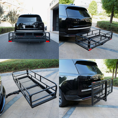 fouwick 60" x 24" x 13" Hitch Cargo Carrier, 600 Lbs Heavy Duty Folding Luggage Rack for SUV & Truck, Steel Mesh Cargo Carrier Hitch Mount Fits 2" Receiver, Powder Coated Vehicle Cargo Basket