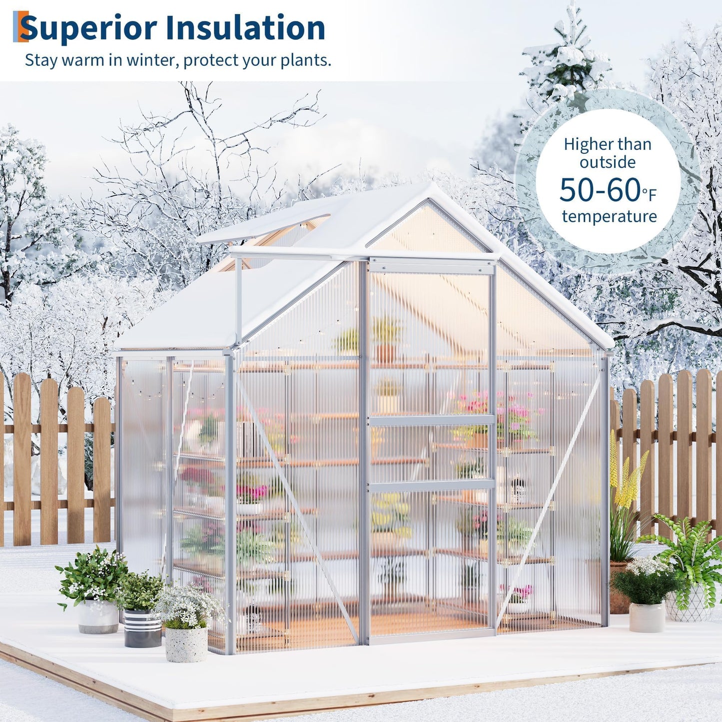 6x4FT Greenhouse for Outdoors, Walk-in Polycarbonate Greenhouse with Sliding Door, Adjustable Roof Vent & Gutter System, Portable Outdoor Green House Kit for Winter Gardening