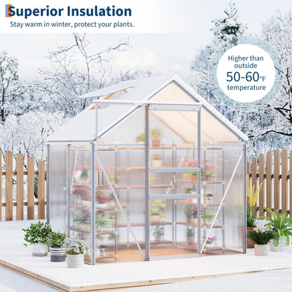 6x4FT Greenhouse for Outdoors, Walk-in Polycarbonate Greenhouse with Sliding Door, Adjustable Roof Vent & Gutter System, Portable Outdoor Green House Kit for Winter Gardening