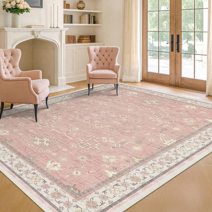 Regine Switzerland Blush Pink Girls Rug - Floral Area Rug 5x7, Machine Washable Non-Slip Play Mat