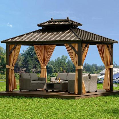 10' x 10' Permanent Hardtop Gazebo with Curtains & Netting – Outdoor Patio Gazebo with Aluminum Frame & Double Metal Roof for Backyard, Lawn, Deck, or Garden (Brown)