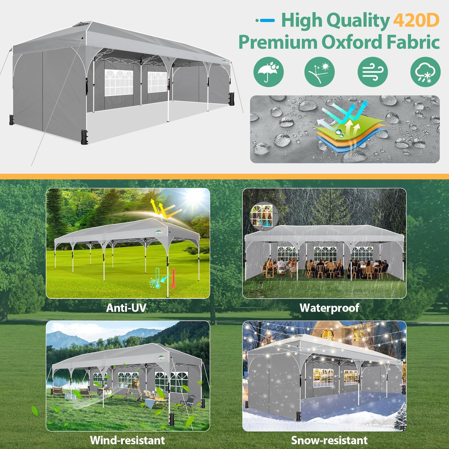 COBIZI 10x30 Party Tent: 10x30 Pop Up Canopy with Wheeled Bag - Tents for Parties with Patented Center-Lock Tech, 420D Waterproof Fabric, Easy Setup Canopy Tent with Removable Sidewalls, (Gray)