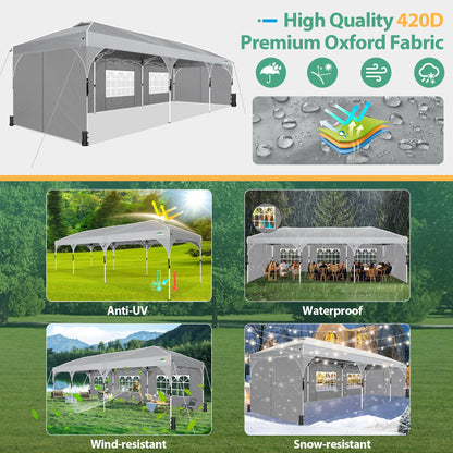 COBIZI 10x30 Party Tent: 10x30 Pop Up Canopy with Wheeled Bag - Tents for Parties with Patented Center-Lock Tech, 420D Waterproof Fabric, Easy Setup Canopy Tent with Removable Sidewalls, (Gray)