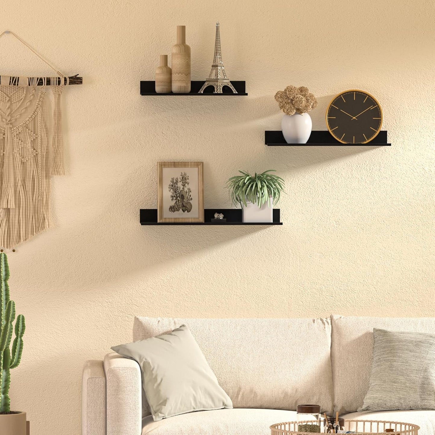 Wisfame Floating Wall Shelves - Set of 3 Black Metal Shelves for Modern Home Decor | 11.8/13.8/15.7 in