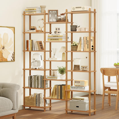 IOTXY Wooden Triple Wide Bookshelf - 6-Tier Large Shelf Bookcase with Solid Beech Frame, Tall Freestanding Open Etagere Display Rack for Home Office, Oak