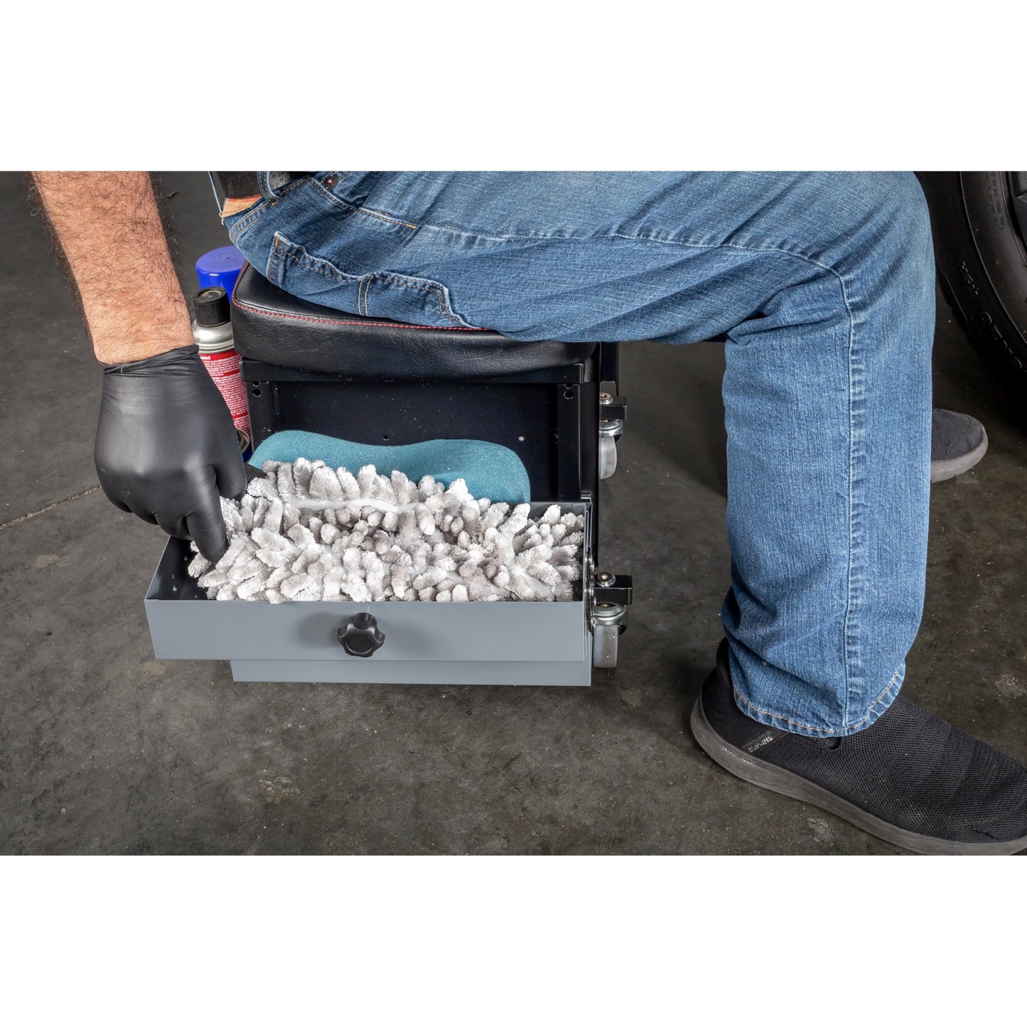 Powerbuilt Rolling Seat with Expandable Tool Trays, Roller Toolbox Garage Stool - Grey 941918ECE