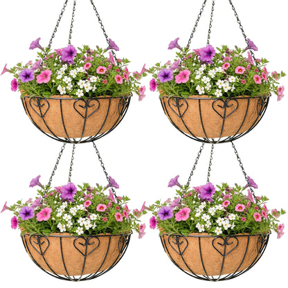 4 Pack Hanging Planter for Outdoor Plants 14 inch Metal Hanging Flower Basket with Coco Coir Liner Round Wire Plant Holder Chain Flower Pots Outdoor Garden Decoration Watering Hanging Baskets（AX）