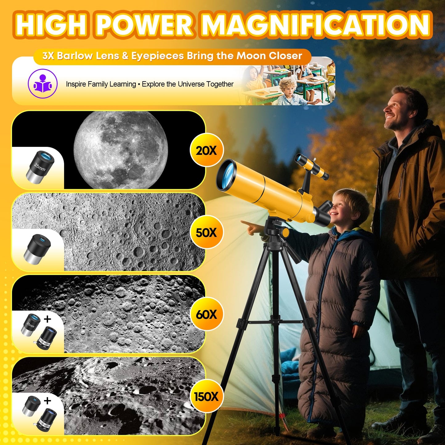 MEEZAA Telescope for Adults & Kids, 80mm Aperture 500mm Portable Refractor Telescope for Astronomy Beginners, Professional Travel Astronomical Telescopes with Tripod, Stickers, Phone Adapter, Backpack