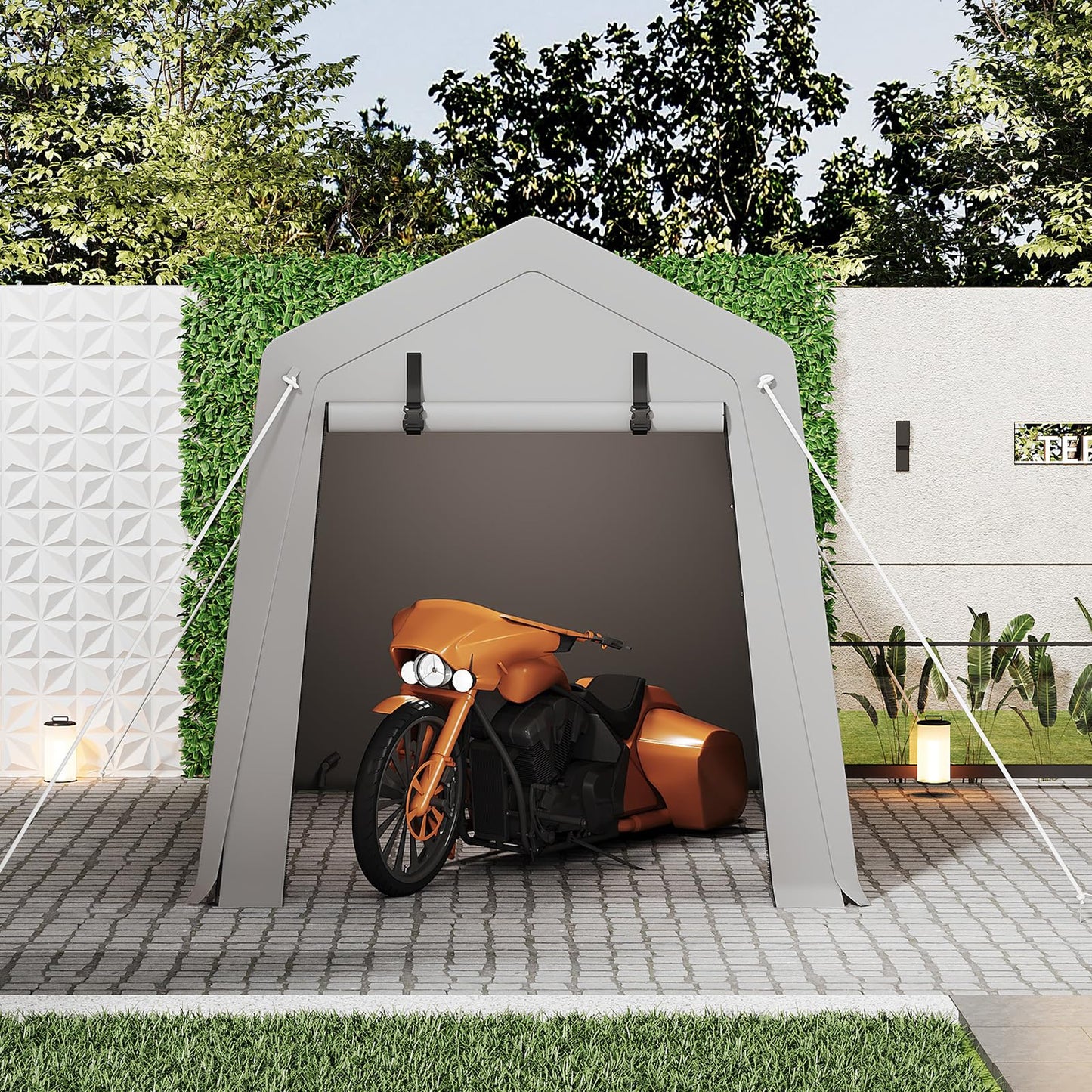 Portable Carport Storage Shed, 6' x 6' Motorcycle Tent, Waterproof & UV-Resistant with Roll-Up Zipper Doors, Gray Outdoor Shelter for Bikes, Tools & Equipment