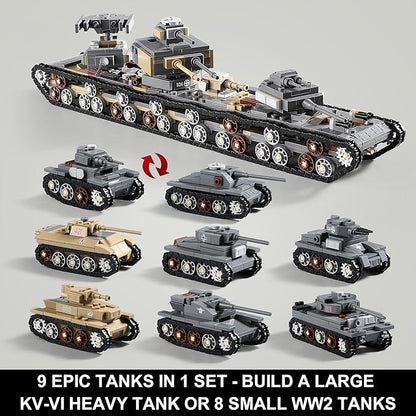 1165-Piece WW2 Army Tank Toys Building Sets Compatible with Lego Create A Large KV-VI Military Models or 8 Set WWII Tanks Great Gifts for Boys Kids