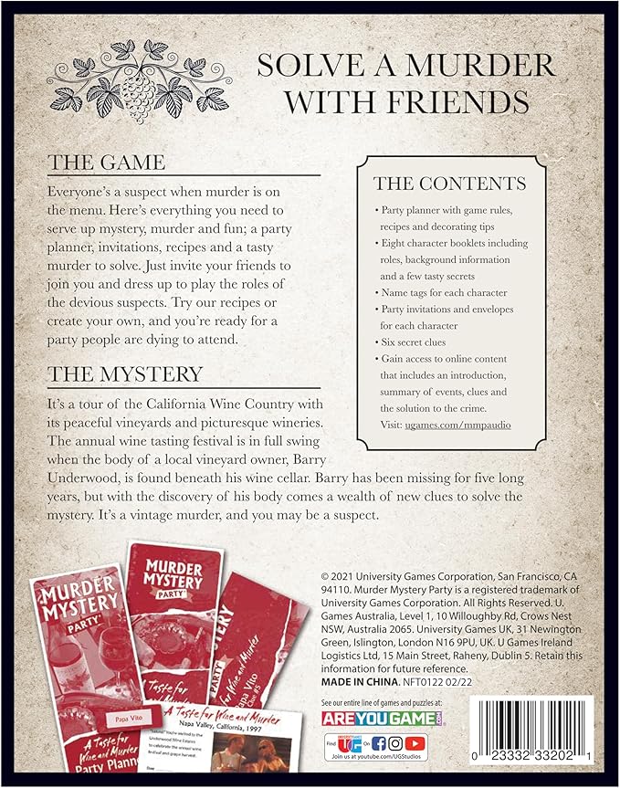 Murder Mystery Party A Taste for Wine &amp Murder – Murder Mystery Dinner Party Game for Adults – Interactive Crime Solving Role Play Game Night Kit with Invitations &amp Clues – Ages 16+