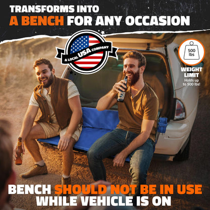 Mockins 2-in-1 Trailer Hitch Cargo Carrier Bench 48"x18"x6" w/ 15 CuFt Waterproof Truck Bed Storage Bag | 500 Lb Capacity Folding Cargo Hitch Carrier Tailgate Seat Bundle w/Stabilizer, Straps, & Lock