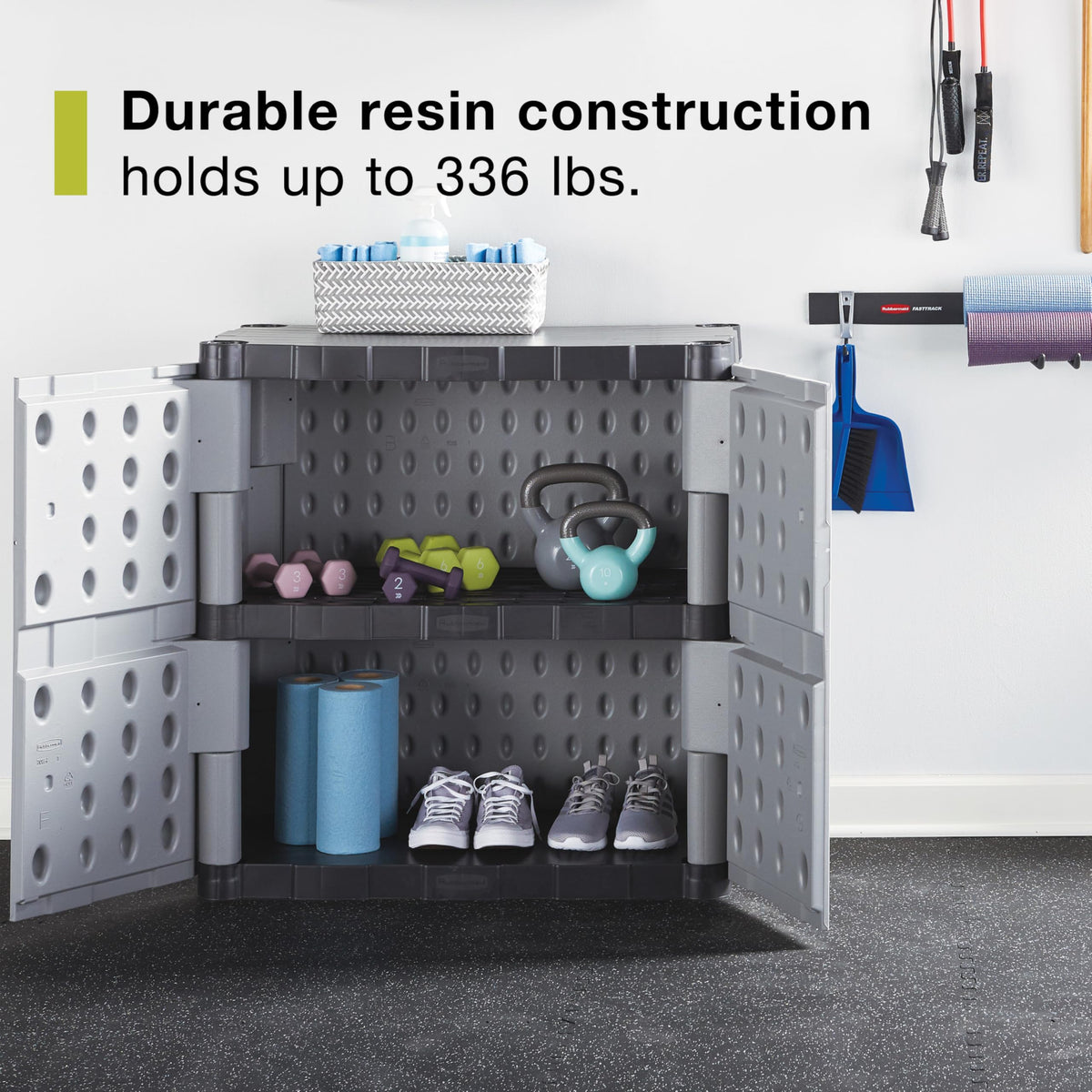 Rubbermaid Freestanding Storage Cabinet with Doors 18"D x 36"W x 37"H Medium Gray/Black Two-Shelf Lockable Cabinet for Indoor/Outdoor/Garage Storage for Garden Tools/Lawn Care Accessories