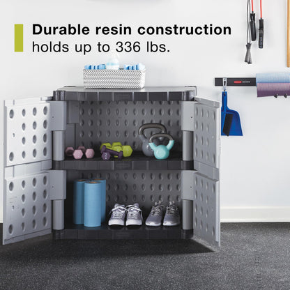 Rubbermaid Freestanding Storage Cabinet with Doors 18"D x 36"W x 37"H Medium Gray/Black Two-Shelf Lockable Cabinet for Indoor/Outdoor/Garage Storage for Garden Tools/Lawn Care Accessories