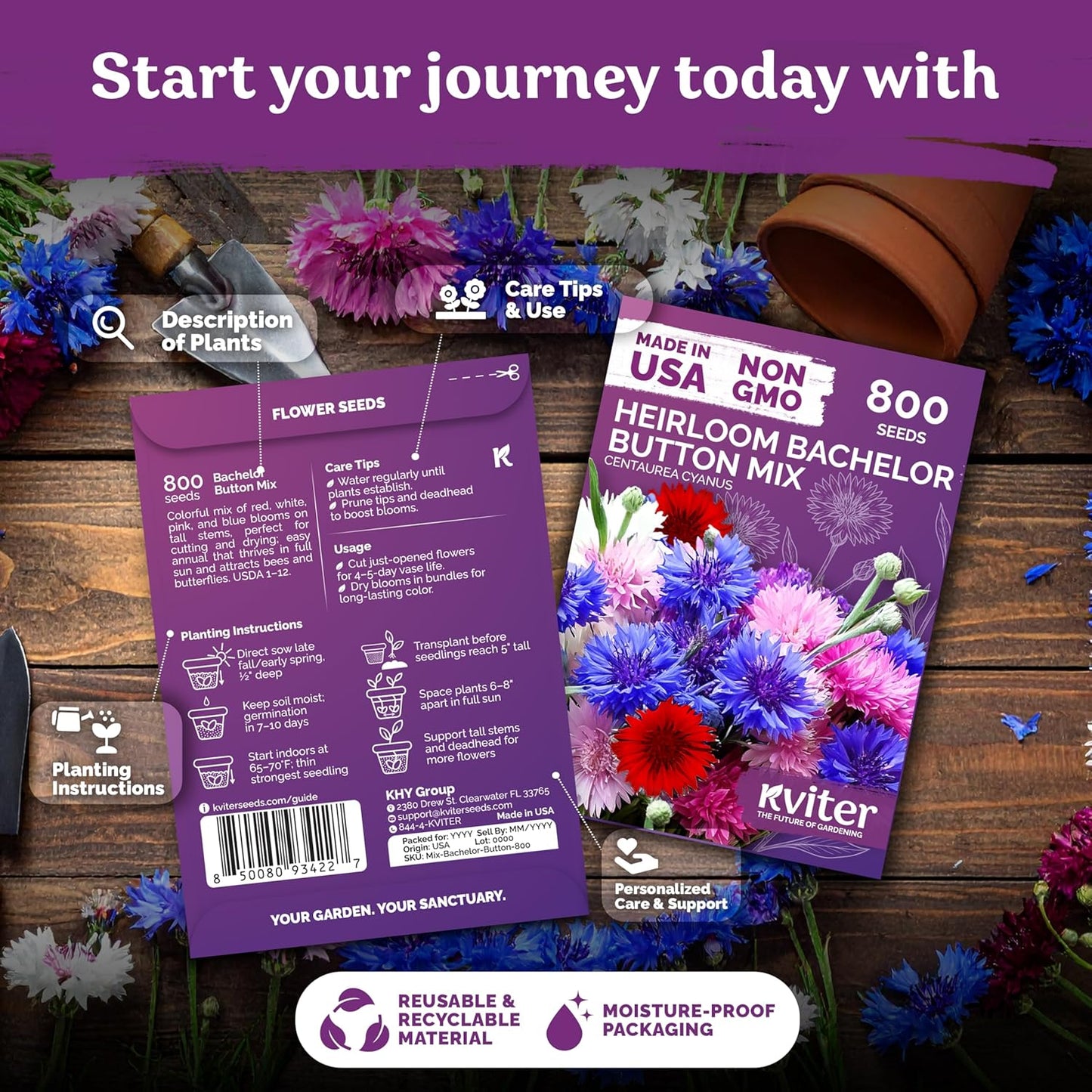 KVITER 800 Mix Bachelor Button Seeds - Cornflower Seed Pack for Vibrant Indoor & Outdoor Gardens