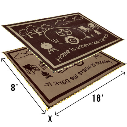 Stylish Camping LED Illuminated Patio Mat - Reversible RV Home Mat, Brown/Beige with LEDs Light, 8x18