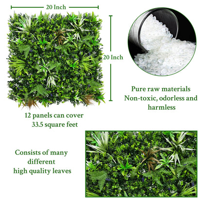 ODTORY Artificial Boxwood Topiary Hedges Panels: 20'' x 20'' 12P UV-Protected Privacy Faux Grass Backdrop Fence Screen for Patio, Balcony, Garden, Backyard Indoor Outdoor Green Wall Decor