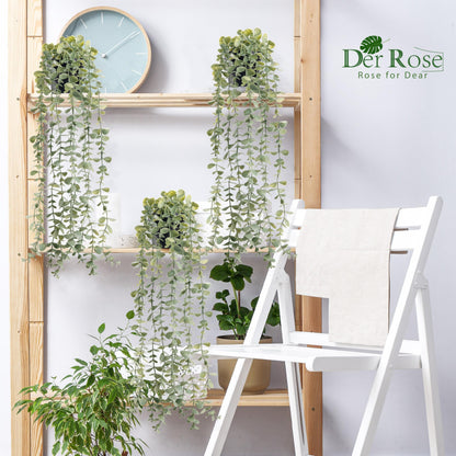Der Rose 3Pcs Fake Plants Hanging Artificial Decor Faux Potted Eucalyptus Plants for Boho Bathroom Home Office Desk Wall Shelf Bookcase Accessories Decor Indoor