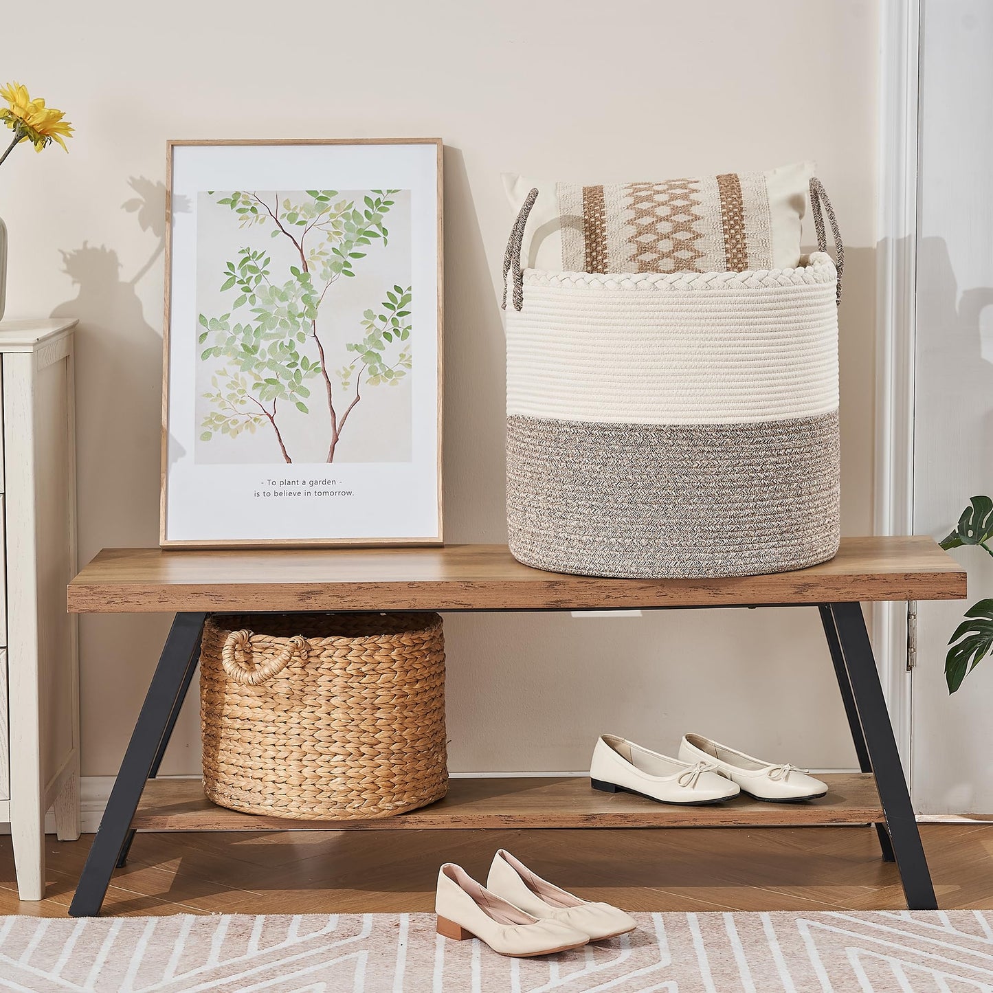 KAKAMAY Large Blanket Basket (18"x18"x16"),Woven Baby Laundry Hamper for Storage, Cotton Rope Blankets Baskets for Nursery, Laundry, Living Room, Pillows, Baby Toy chest with Handles (White/Beige)