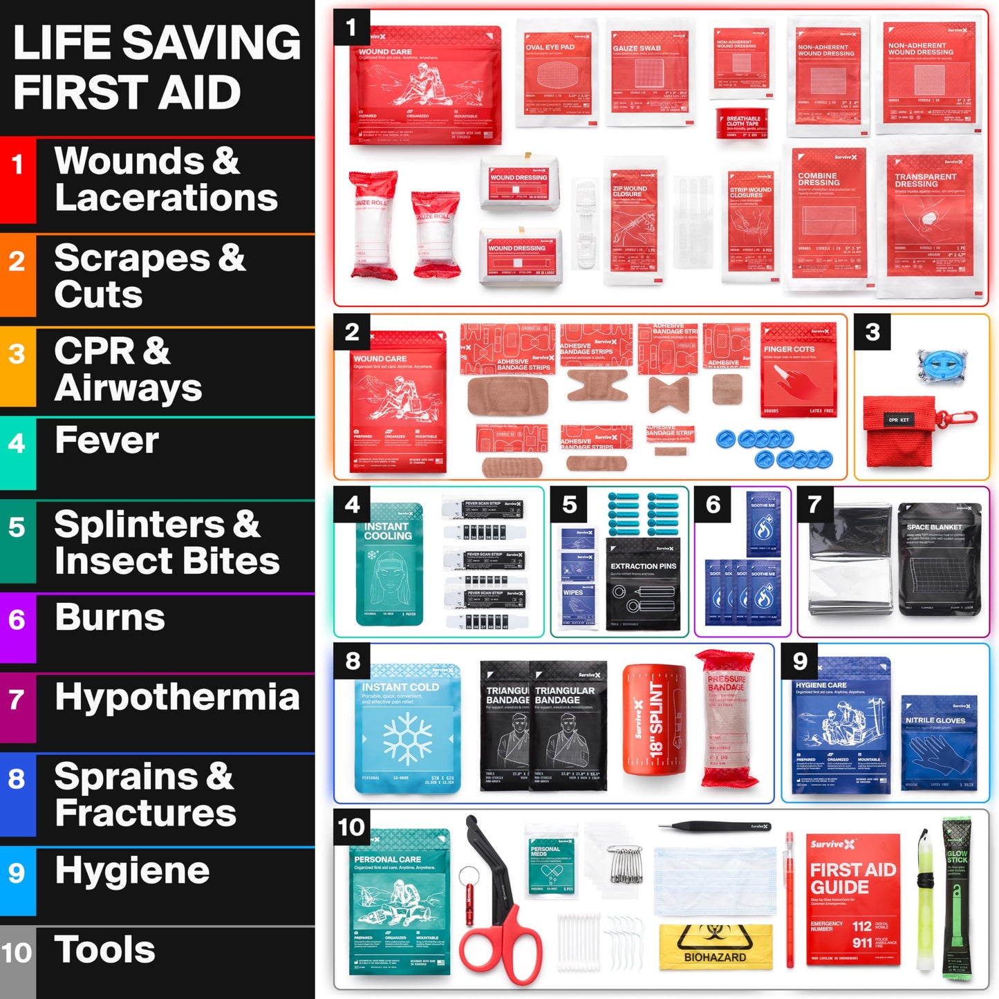 SurviveX Large First Aid Kit for Car, Travel & Home - Emergency Kit for Hiking, Camping, Backpacking and Outdoors - Includes Zip Stitch Wound Closure Strips