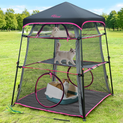 Pop Up Catio Cat Enclosure for Indoor and Outdoor with Waterproof Bottom,3 Tier Spacious Cat Tower Tent,Portable Outdoor Cat Tent for Patio,Balcony, Deck & Camping Weatherproof & Sunproof-Rose