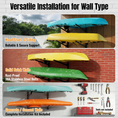 AlloyLake Folding Kayak Wall Rack, 240 lbs Heavy Duty Garage Storage Hanger, 2-Tier Adjustable Mount with 304 Stainless Steel Hardware, Fits Canoe, SUP & Surfboard - Black