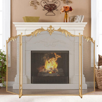 WICHEMI Fireplace Screen 3 Panel Folding Fireplace Screens 50.4 x 32.3 Inch Metal Furnace Fireguards Mesh Cover Baby Safe Proof Fence Spark Guard Cover Wrought Iron Fire Place Standing Gate (Golden)