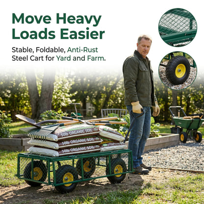Finnhomy Heavy Duty 1000 Lbs Capacity Mesh Steel Garden Cart, Pullable Garden Wagons Carts on Wheels, Folding Utility Wagon with Removable Sides for Outdoor, Yard, Lawn, Green
