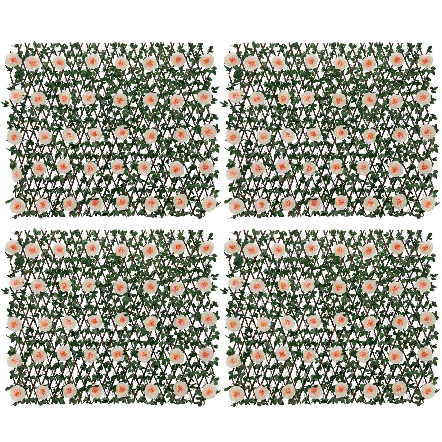 Nature Crafted Expandable Fence Privacy Screen with Artificial Flower, Greenery Expandable Stretchable Covers Panel Privacy Fence for Balcony Patio Garden, Single Sided Leaves (Pink Rose, 4 Pack)