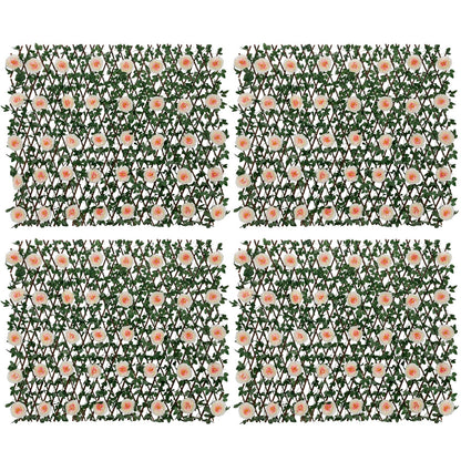 Nature Crafted Expandable Fence Privacy Screen with Artificial Flower, Greenery Expandable Stretchable Covers Panel Privacy Fence for Balcony Patio Garden, Single Sided Leaves (Pink Rose, 4 Pack)
