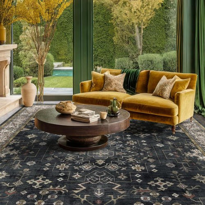 Hazo Haus Boho Area Rug - Washable Black Low Pile Non-Slip Dining Room Carpet | 6x8 Geometric Design