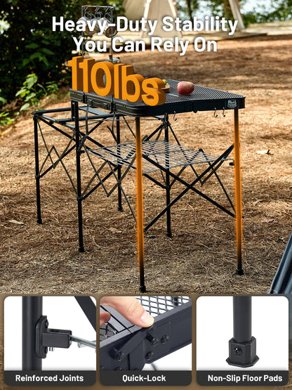 TIMBER RIDGE Portable Camping Kitchen Station, Folding Outdoor Cooking Grill Table with Heat-Resistant Steel Mesh Top & Storage Shelves, Heavy Duty Picnic RV Tailgating BBQ Easy Setup, 110lbs Capacity