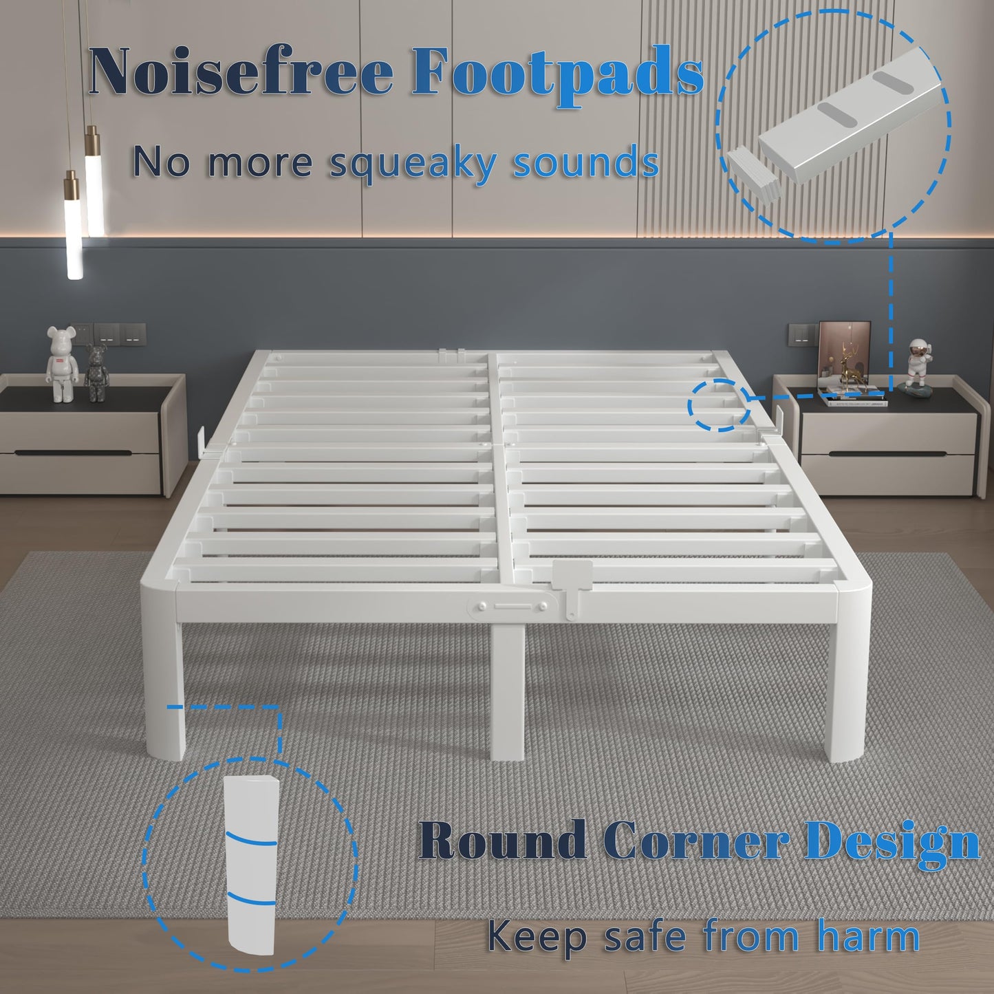 KOSOSO 12 Inch White Full Size Bed Frame with Baffles, Metal Full Bed Frame No Box Spring Need, Heavy Duty Steel Platform Support, Reserved Holes, Round Corner Legs, Storage Space, Noiseless