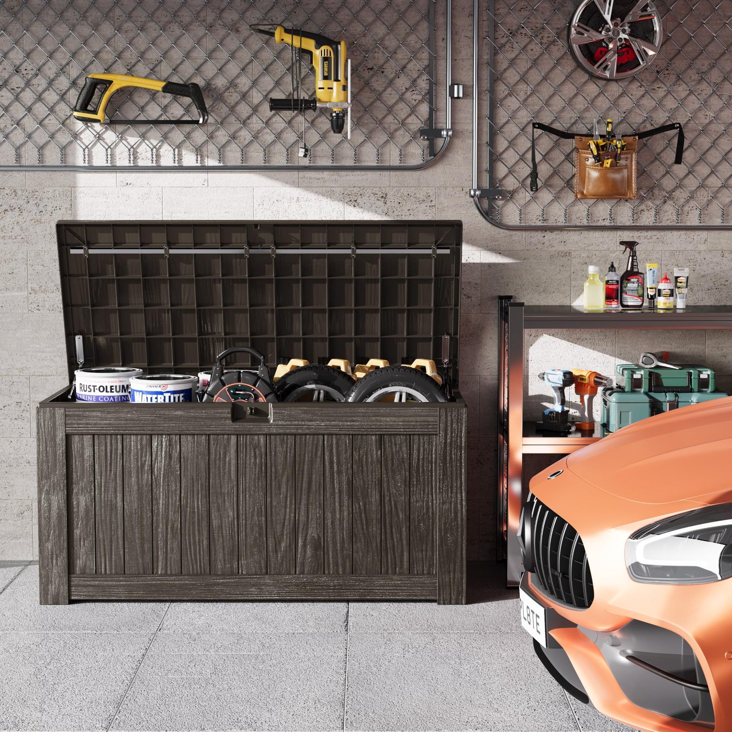 Greesum Outdoor Storage Box 120 Gallon Storage Bin with Lid for Patio Furniture, Garden Tools, Pool Supplies, Lockable, Waterproof and UV Resistant, Dark Brown