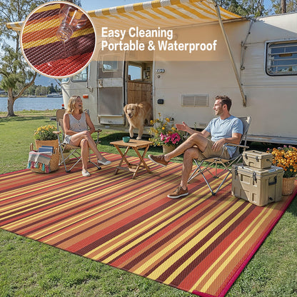WondRg Outdoor Plastic Straw Rug Waterproof Patio 9x18 Red Orange Stripe Mat for Porch Camping RV Balcony Deck Courtyard Reversible Lightweight Durable Portable Carpet
