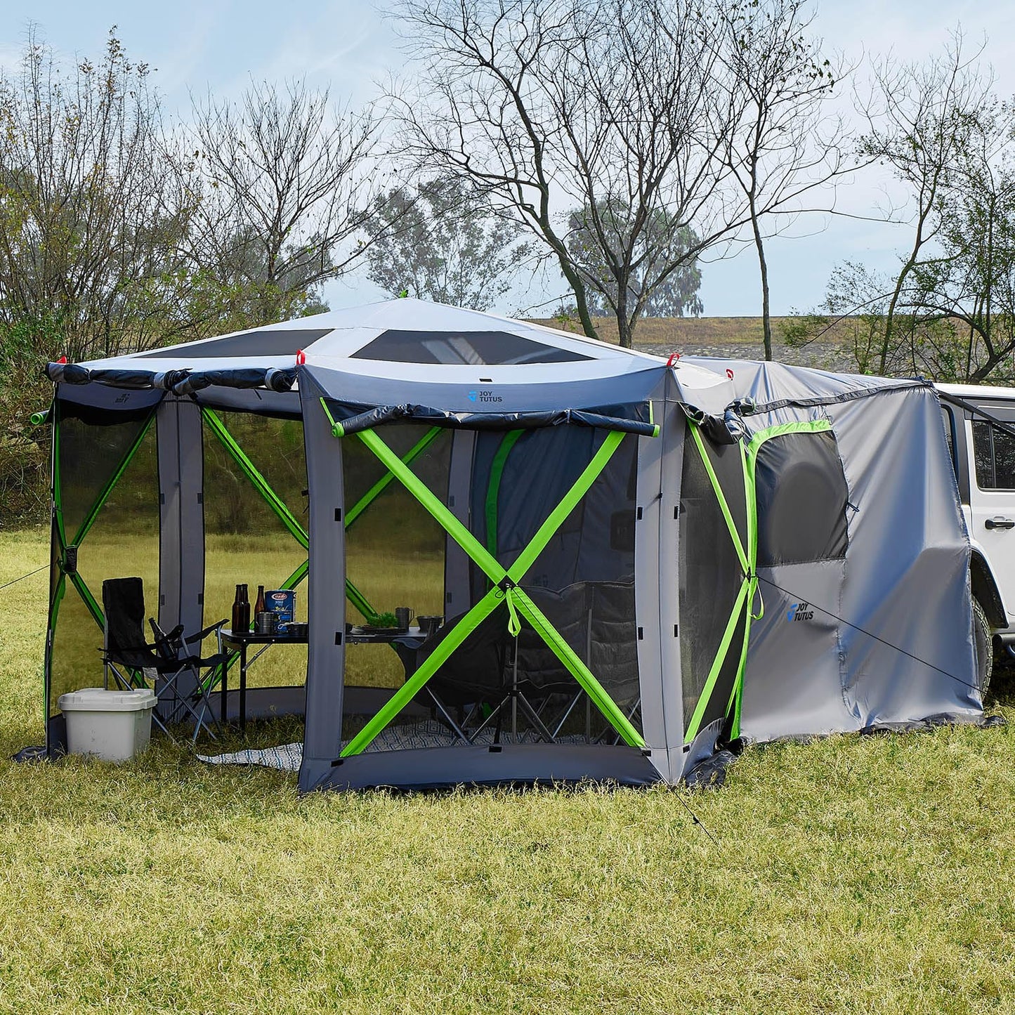 JOYTUTUS Dual-Use Pop up SUV Tent for Camping, 11FT x 11FT Big Space 2 Rooms Car Tent for Family, Outdoor Gazebo with 4 Sides Screen, 2 Doors, Portable Carry Bag, Gray Green