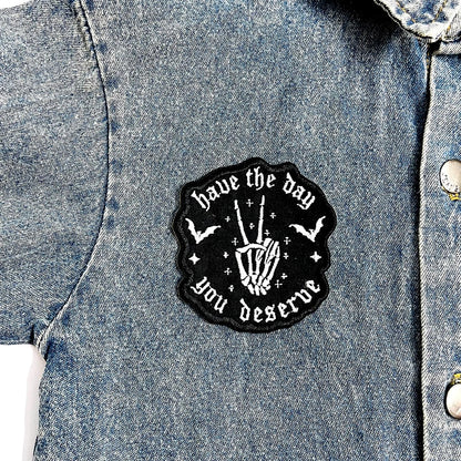 (3Pcs) Have The Day You Deserve Iron-On Embroidered Patch, Black and White Skeleton Design, Set for Jackets, Backpacks, Hats, Vests – 3 Inch