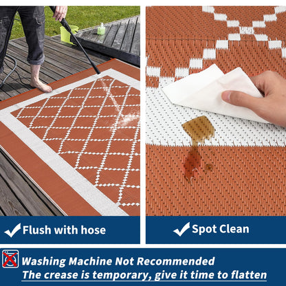 MilleLoom Patio Modern Geometric Outdoor Rug 10x14 Waterproof Large Reversible Camping Mat Foldable Lightweight Plastic Straw Outdoor Rug for Deck, Picnic, Porch, Camper, Balcony, Beach, Rv，Orange
