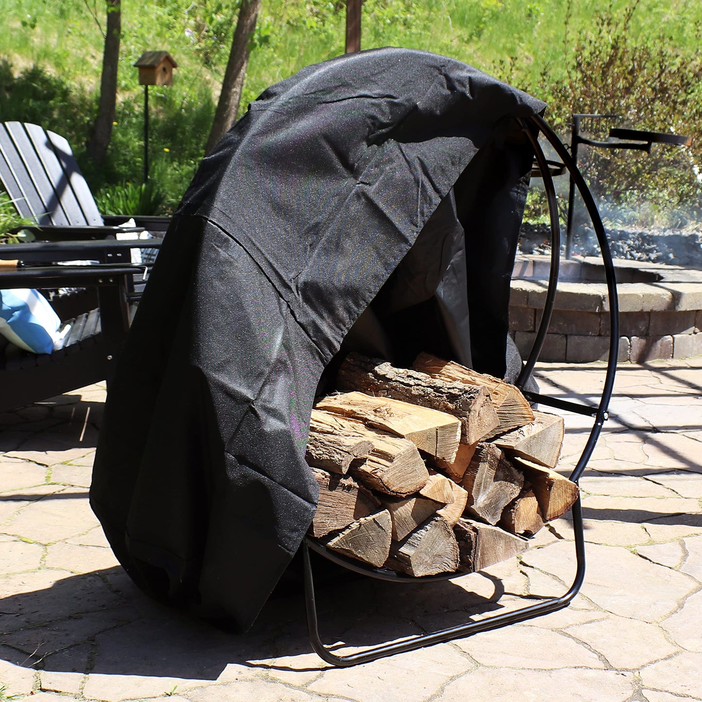 Sunnydaze 48-Inch Firewood Rack with Cover - Black Indoor Firewood Holder - Log Holder Hoop and Cover Set - 700-lb Capacity