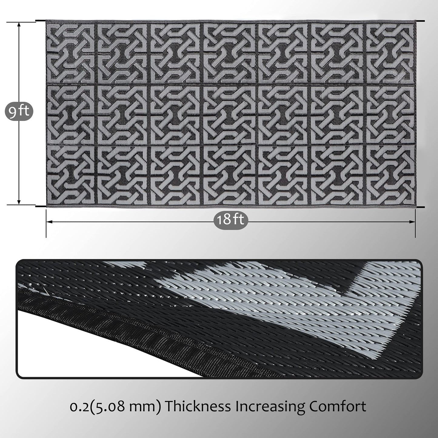 SAND MINE Reversible Mats, Plastic Straw Rug, Modern Area Rug, Large Floor Mat Rug for Outdoors, RV, Patio, Backyard, Deck, Picnic, Beach, Trailer, Camping (9' x 18', Black & Grey)