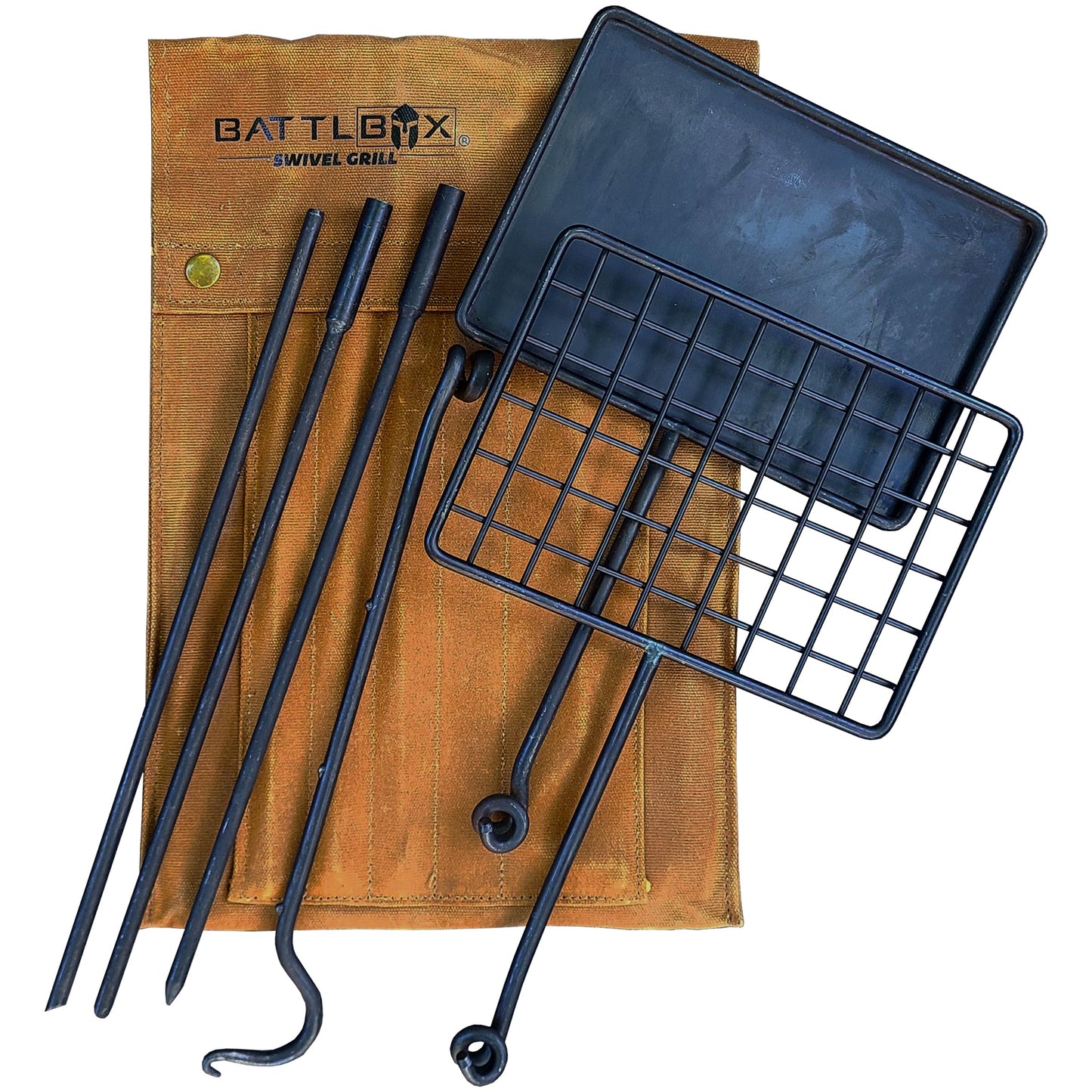 BATTLBOX Bushcraft Grill Set, Steel Campfire Cooking Grate Swivel Grill For Outdoor BBQ Open Fire, Packable Campfire Cook Set, Heavy Duty Open Fire Swivel Camping Cooktop, Canvas Bag