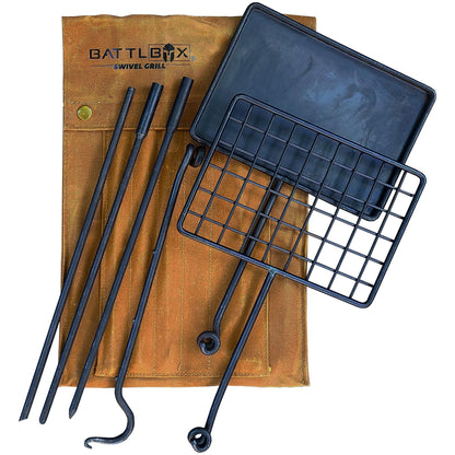 BATTLBOX Bushcraft Grill Set, Steel Campfire Cooking Grate Swivel Grill For Outdoor BBQ Open Fire, Packable Campfire Cook Set, Heavy Duty Open Fire Swivel Camping Cooktop, Canvas Bag