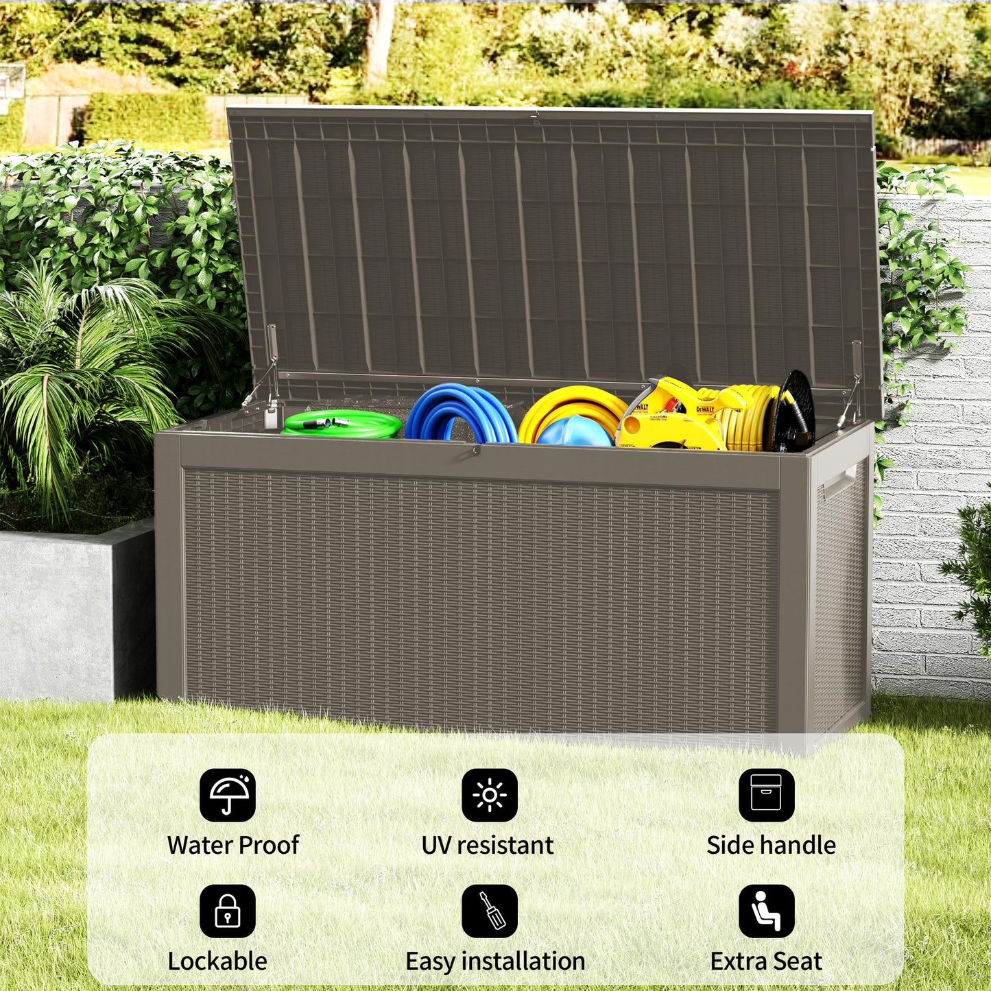 Decksplore 320 Gallon Outdoor Storage Box Patio Deck Box Waterproof, Resin Lockable Outside Large Storage Bin for Pool Cushion Furniture, Garden Tools UV-Resistant, Grey