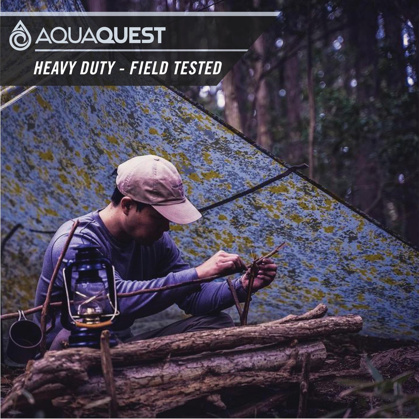 AquaQuest Safari Tarp – Lightweight Waterproof (5,000 mm) Seam-Taped Ripstop Rain Fly for Backpacking, Thru-Hiking & Hammock Camping – 10x10 Boulder Camo