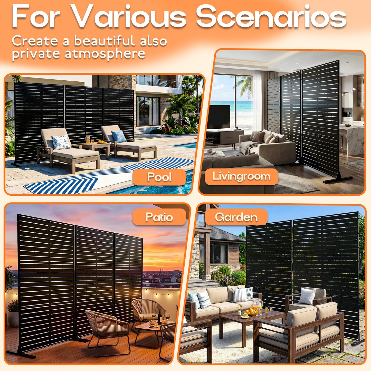 MTART Metal Privacy Screen 72" H x 47.2" Decorative Outdoor Privacy Screen Privacy Panel with Stand for Balcony Deck Patio Lawn Garden, Privacy Fence (Black-Louvered)