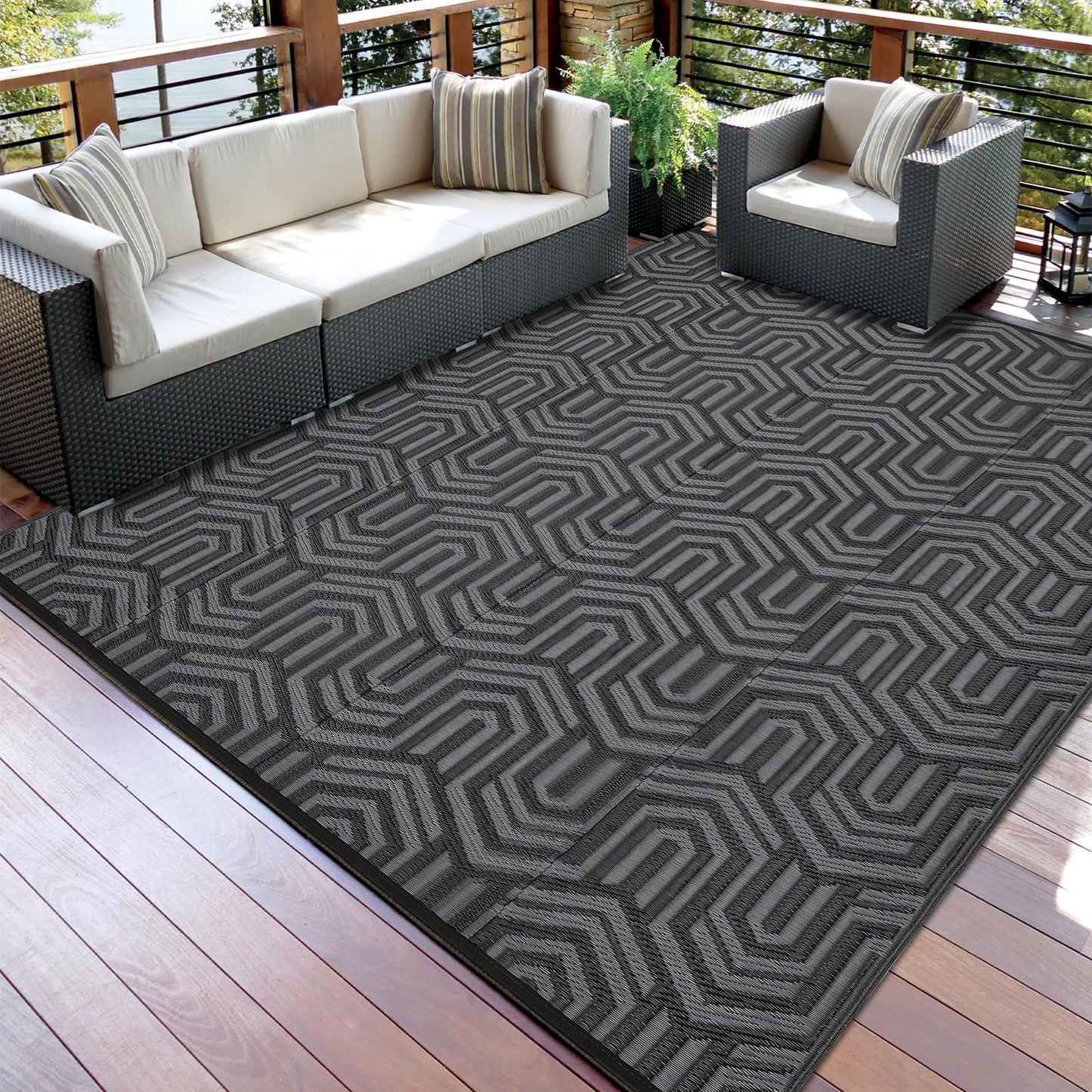 GAOMON 10'x14' Outdoor Rug Waterproof, Reversible Plastic Straw Rug for Poolside, Gazebo, Outdoor Dining Area, Backyard Party – UV Resistant, Heavy Duty, Easy Clean for High Traffic Areas, Black&Grey