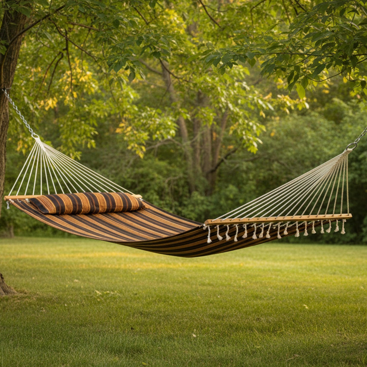 Sunnydaze Quilted Double Hammock for Outside with Spreader Bars and Pillow - 450 lb Capacity, 74x55 Inch Bed, UV Resistant, Quick Dry - Chains Included, Stand Sold Separately - Woodland Stripe