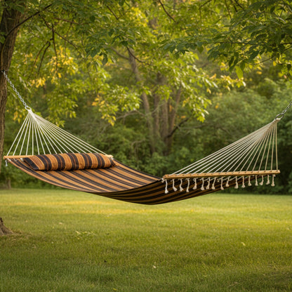 Sunnydaze Quilted Double Hammock for Outside with Spreader Bars and Pillow - 450 lb Capacity, 74x55 Inch Bed, UV Resistant, Quick Dry - Chains Included, Stand Sold Separately - Woodland Stripe