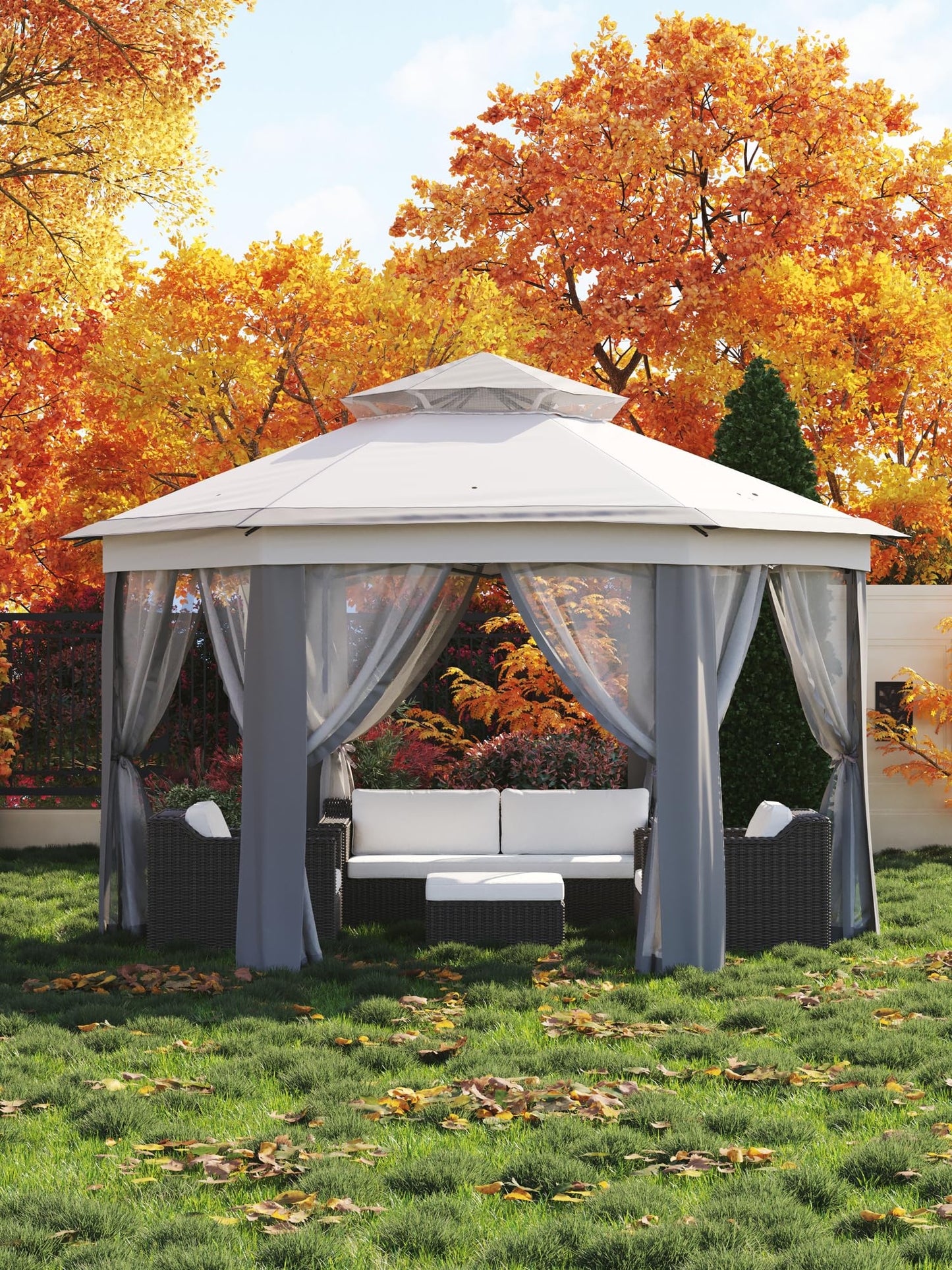 Garvee Pop Up Gazebo Screen Tent, Hexagonal Instant Gazebo Tents with Mosquito Netting Outdoor Canopy, 6 Sided Sun Shelter 13x13 ft with Mesh Netting, Pavilion Tent for Patio, Light Gray+Dark Gray